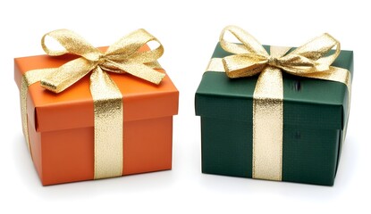 Obraz premium Two simple gift boxes in orange and green with golden ribbon, isolated on a white background, front view. 