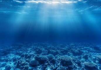 Obraz premium Underwater view of the ocean surface with sunlight filtering through, showcasing deep blue water and coral reefs in the distance. 