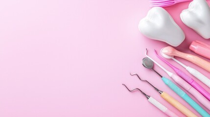Pink background with dental tools and teeth models.