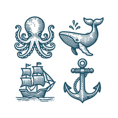 Vintage nautical icon set with octopus, whale, ship, and anchor © Victoria