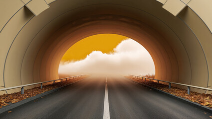 Road leading out of tunnel into foggy landscape with autumn leaves