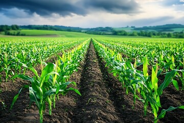 Fototapeta premium Green corn maize plants on a field. Agricultural landscape