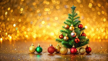 Obraz premium Tilt-shift Christmas tree and baubles adorn a golden 2025 Happy New Year banner.