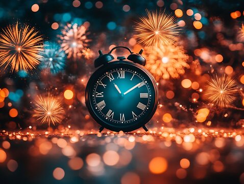 A delightful happy new year 2025 graphic featuring a central cartoon-style clock striking midnight, with vibrant fireworks exploding around it. The design is placed on a pristine white background, 