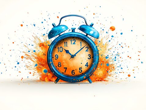 A delightful happy new year 2025 graphic featuring a central cartoon-style clock striking midnight, with vibrant fireworks exploding around it. The design is placed on a pristine white background, 