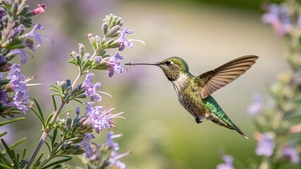 Fototapeta premium Hummingbird flying and collecting nectar, wildlife photo. 