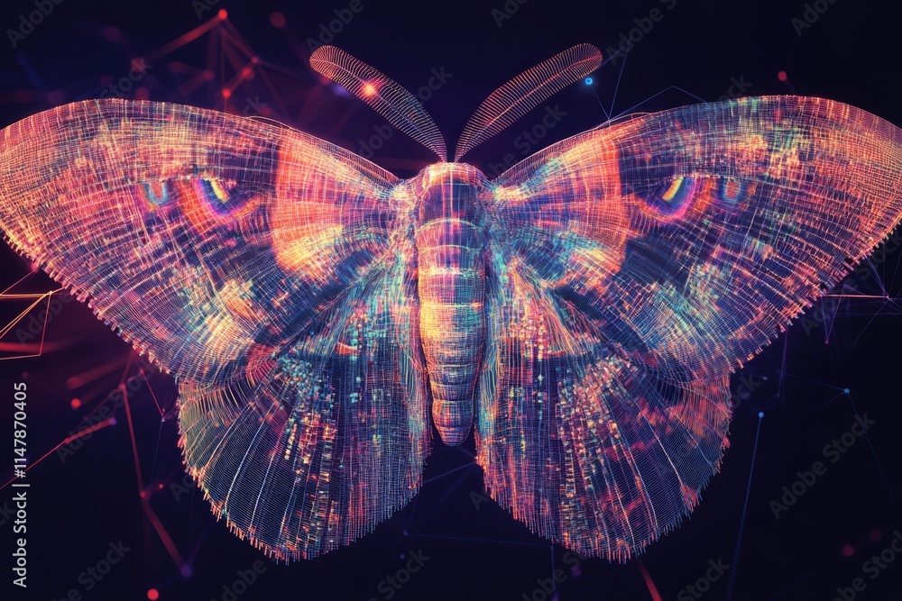 Poster a digitally rendered moth with neon colors and abstract geometric patterns, set against a dark backg