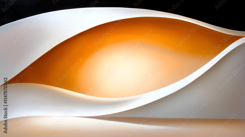 Poster an abstract composition of flowing curves and gradients in white, orange, and black, creating a harm