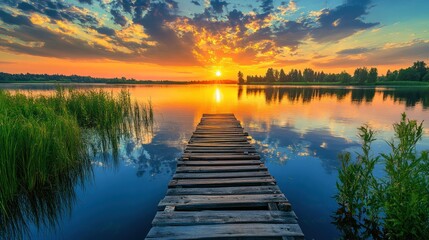 Obraz premium Serene Sunset over Calm Lake with Wooden Dock
