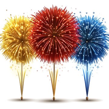 An animated happy new year 2025 illustration showcasing a central cartoon-style fireworks display with vibrant, contrasting colors bursting against a pure white background. The design features 