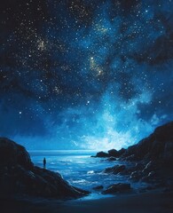 Solitary Figure Gazing At A Starry Night Sky Over The Ocean