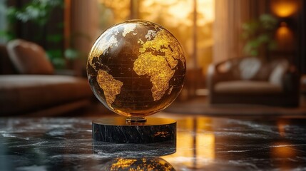 A decorative globe showcasing world continents, placed on a marble surface, illuminated by warm ambient light.