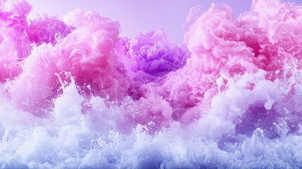 Fototapeta premium Abstract background featuring swirling clouds of pink and purple ink mixing with white foam against a soft lavender backdrop.