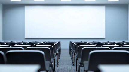 Empty lecture hall with rows of chairs facing a large white projection screen, ready for presentation or educational session.