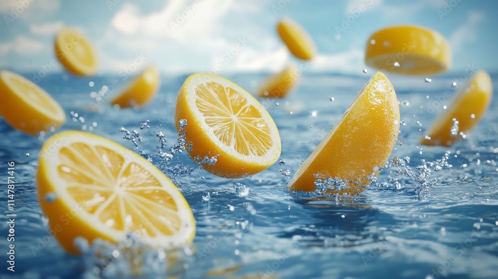 Poster a splash of water with a few pieces of lemon floating in it. the image has a playful and lighthearte