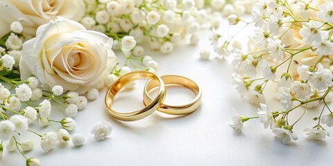 Golden Rings & White Flowers: Elegant Jewelry Flat Lay Photography