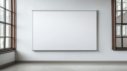 Empty whiteboard in bright room with large windows, ideal for presentations or educational purposes, symbolizing productivity and clarity.
