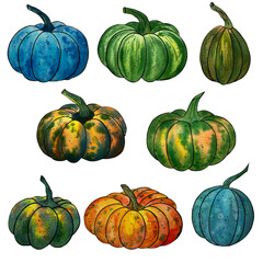Autumn set of isolated elements on white background colourful orange, yellow, green, blue pumpkins. Watercolor handmade illustration. Decorative elements for icons, stickers, cards, templates
