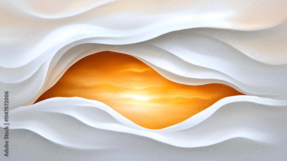 Poster an abstract design featuring soft white waves with a glowing orange light shining through, creating 