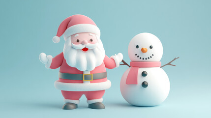 Cute 3D pastel Santa Claus with a joyful smile, dressed in soft pastel colors, standing next to a pastel snowman