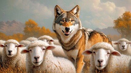 Obraz premium The illustration shows a lone wolf standing in the midst of a flock of sheep, its eyes fixed on the unsuspecting animals as they graze peacefully, unaware of the danger lurking in their midst