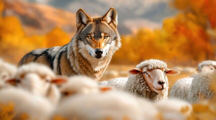 The illustration shows a lone wolf standing in the midst of a flock of sheep, its eyes fixed on the unsuspecting animals as they graze peacefully, unaware of the danger lurking in their midst