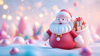 A festive 3D pastel Santa Claus with a big sack of gifts stands proudly as twinkling lights and gentle snowfall create a magical holiday atmosphere.