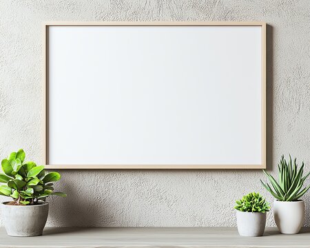 Minimalist interior with a blank whiteboard on a concrete wall, adorned by green potted plants, creating a serene and modern workspace atmosphere.