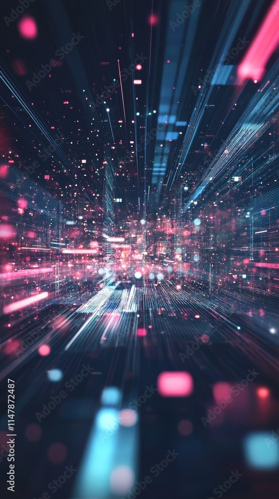 Poster abstract digital landscape with vibrant light trails and glowing particles, representing data flow i