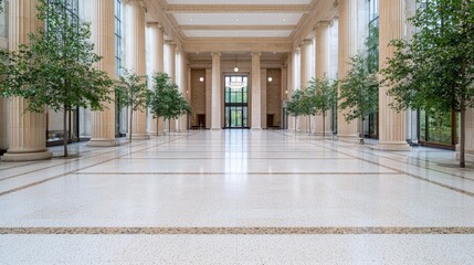Obraz premium Spacious neoclassical building interior featuring a grand hallway with marble floors, tall pillars, and green trees lining the sides.