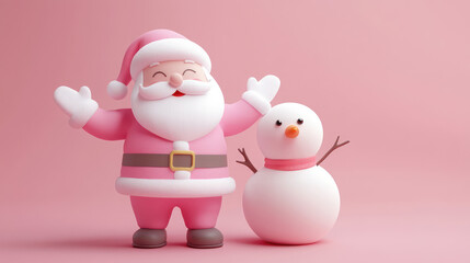 Cute 3D pastel Santa Claus in a soft pink suit, with a friendly pose next to a pastel snowman