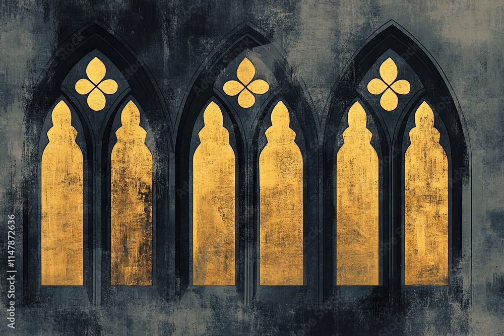 Poster the image is of a building with four arched windows, each with a gold trim. the windows are dirty an