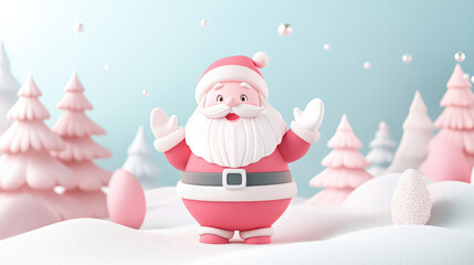 Adorable 3D Santa Claus in pastel hues, with a friendly wave and surrounded by a soft winter scene