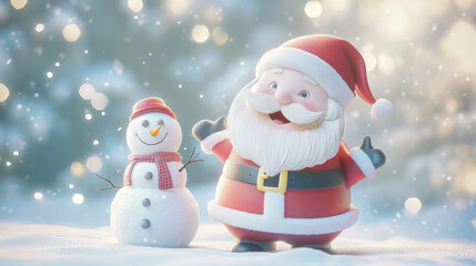 An adorable 3D Santa Claus in soft pastel colors with a friendly grin stands cheerfully next to a pastel snowman, surrounded by a snowy winter backdrop.