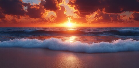 Obraz premium Dramatic sunset over ocean waves crashing on sandy beach.