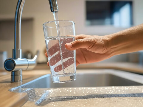 una mano de un hombre llenando un vaso de cristal con agua de una grifo en una cocina. beber agua del grifo. agua corriente en el hogar. 
