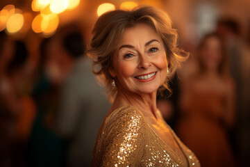Elegant Elderly Woman Smiling and Dansing at a New Year's Party Celebration