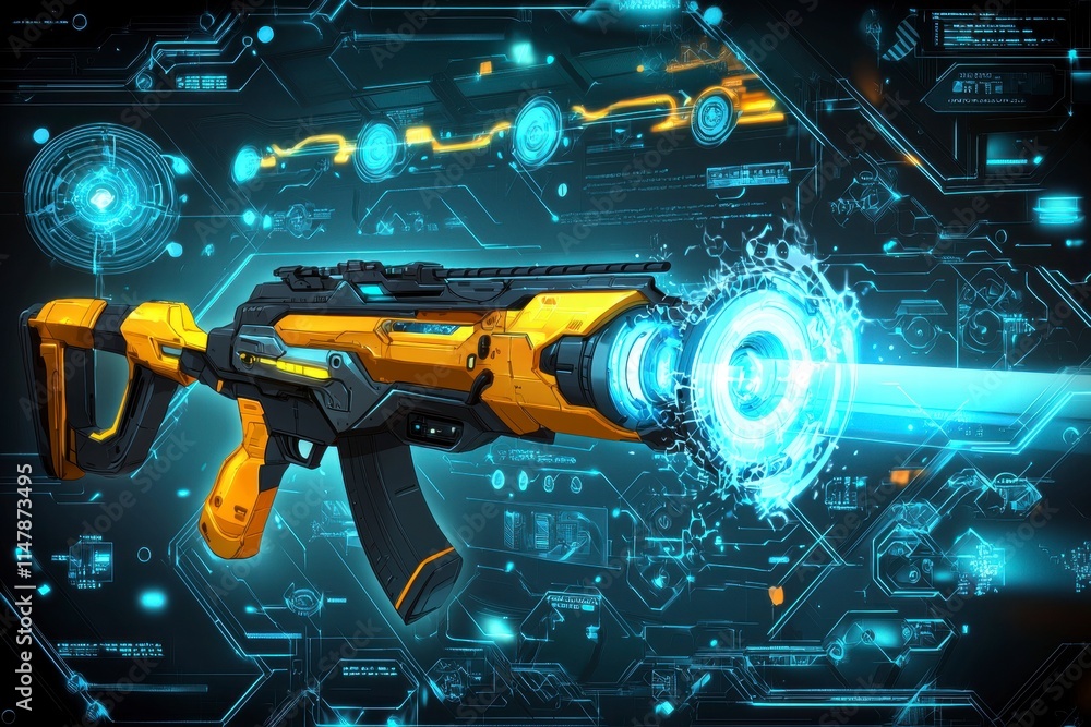 Poster futuristic weapon system display digital art cyberpunk environment high-tech visuals sci-fi concept