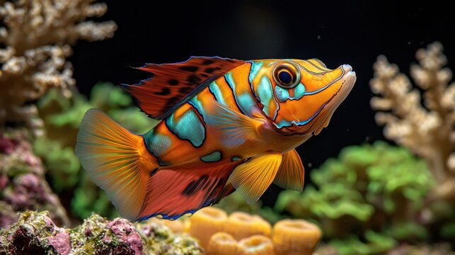 The image captures a vibrant and intricate portrait of a mandarinfish in its natural habitat