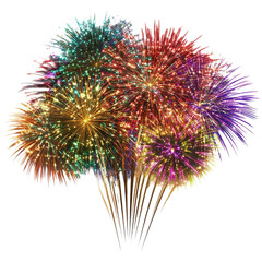 Obraz premium Spectacular multicolor fireworks display with radiant bursts in gold, purple, green, and red in a festive sky