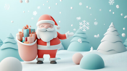 A 3D cute pastel Santa Claus with a big sack of presents stands joyfully in a pastel winter wonderland, surrounded by softly falling snowflakes.