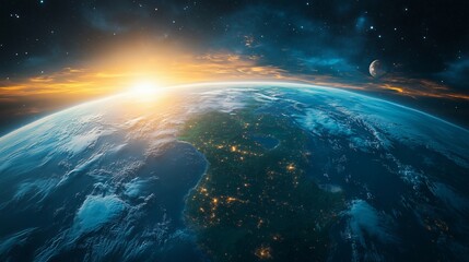 Obraz premium Sunrise over Earth from space with the moon in view