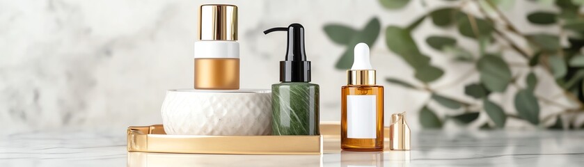Naklejka premium A luxurious jade roller displayed alongside skincare essentials on a gold tray