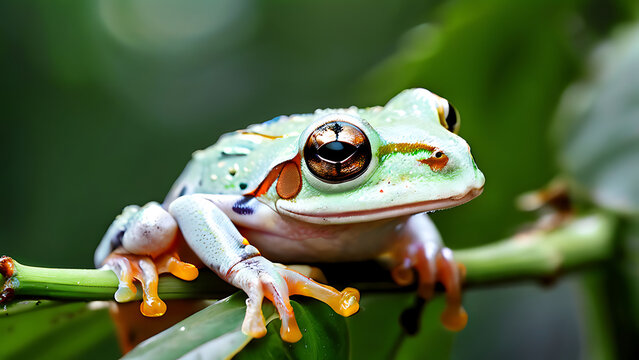 Australian white tree frog on leaves, dumpy frog on branch, animal closeup, amphibian closeup
