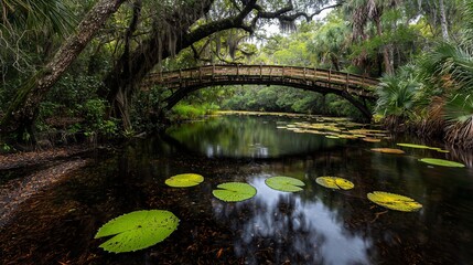 Wooden bridge over calm river with lily pads and lush vegetation.