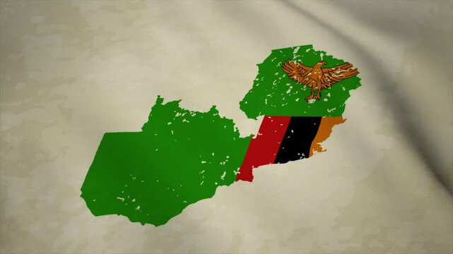 Wavy Map of ZAMBIA with Flag in Body Isolated on Vintage Background