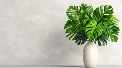 The illustration features a tall, elegant vase filled with vibrant, lush green foliage, set against a clean, minimalist white background, creating a striking and sophisticated contrast.