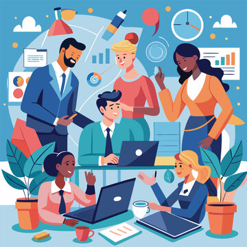 Teamwork, meeting, cooperation, business concept. Young men and women, businessmen make an important decision for the company.
