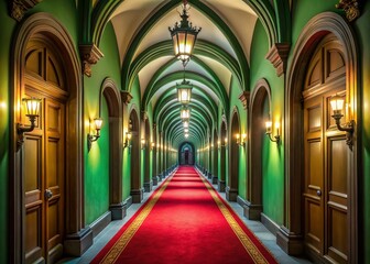 Obraz premium Green Hallway Architecture, Red Carpet, Arched Doorways - Interior Design Photography