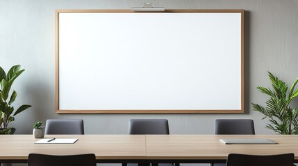 Modern meeting room with blank whiteboard, wooden table, and chairs. Minimalist decoration with green plants, prepared for presentations.